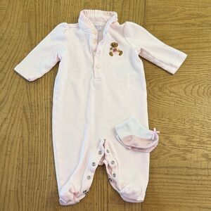 3M Ralph Lauren Pink Baby One-Piece Footed Romper with Socks Bundle